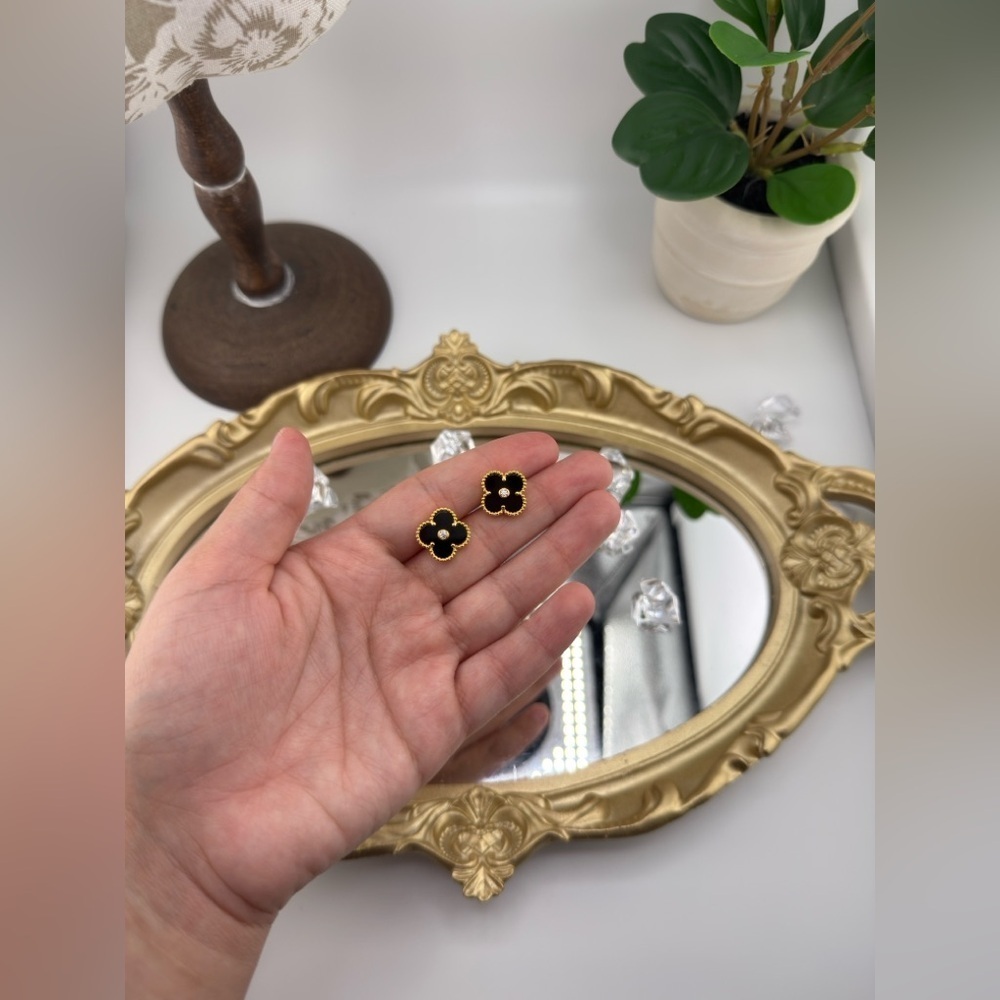 Lucky Alhambra Black Clover Stud Earrings –Sterling Silver Gold Plated with Logo